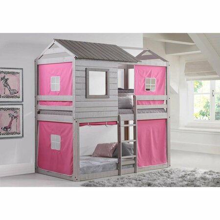 DONCO KIDS PD-1370TTLG-P Deer Blind Twin Over Twin Bunk Loft with Pink Tent - Light Gray PD_1370TTLG_P